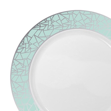 Smarty Had A Party 7.5" White with Turquoise Blue and Silver Mosaic Rim Round Plastic Salad Plates (120 Plates), 120PK 897TBS-CASE